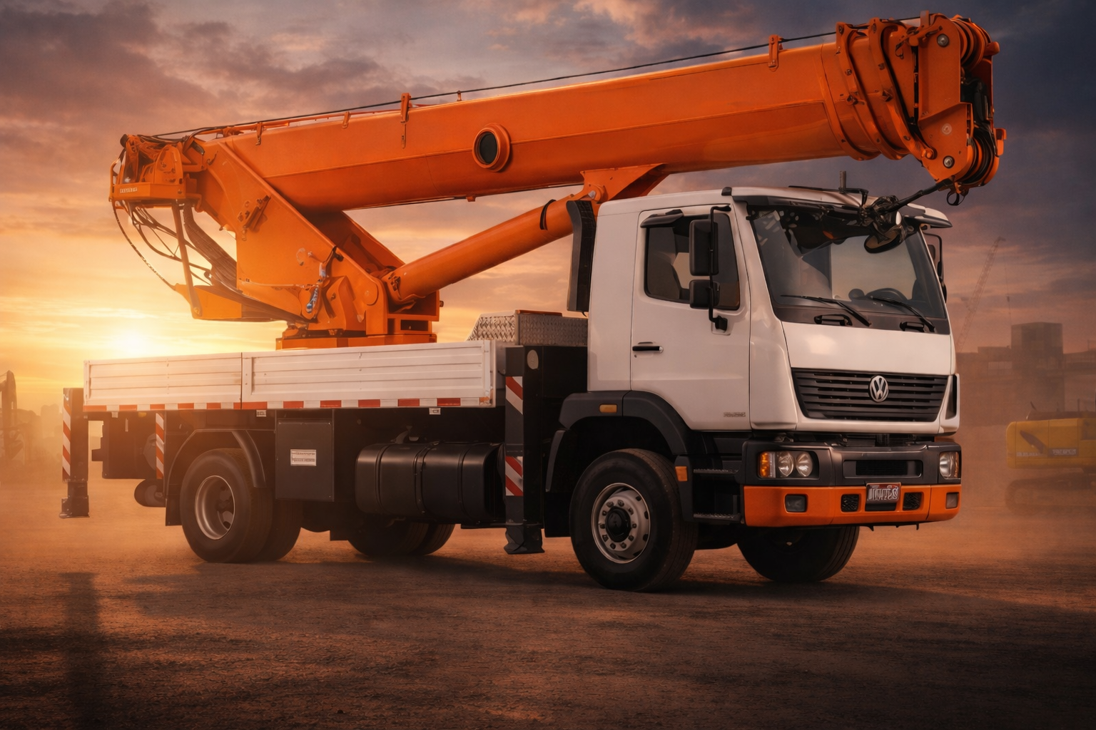 Caminhão munck com braço hidráulico estendido